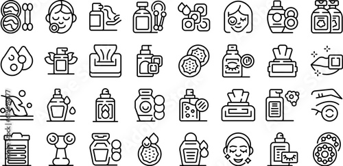Make-up removal icons set outline vector. Face beauty. Sponge skincare