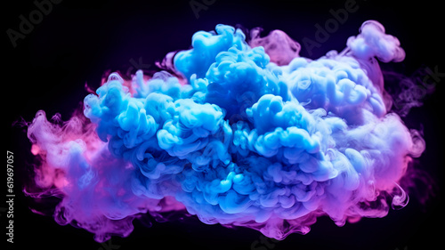 Neon blue and periwinkle multicolored smoke puff cloud design elements on a dark background. Generative AI