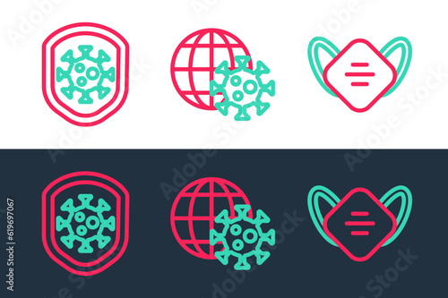 Set line Medical protective mask, Shield protecting from virus and Earth globe with icon. Vector