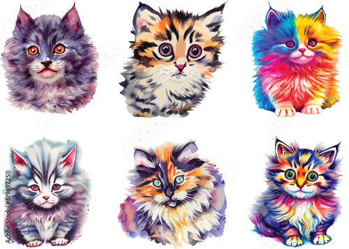 Valokuva Bundle of cute fluffy cats in bright watercolors.