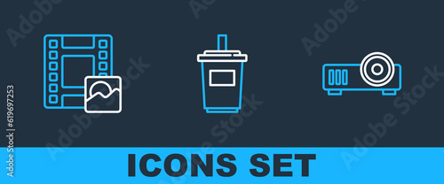 Set line Media projector, Play Video and Paper glass with water icon. Vector