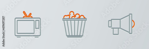 Set line Megaphone, Retro tv and Popcorn in box icon. Vector