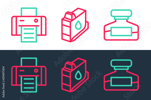 Set line Ink bottle, Printer and ink cartridge icon. Vector