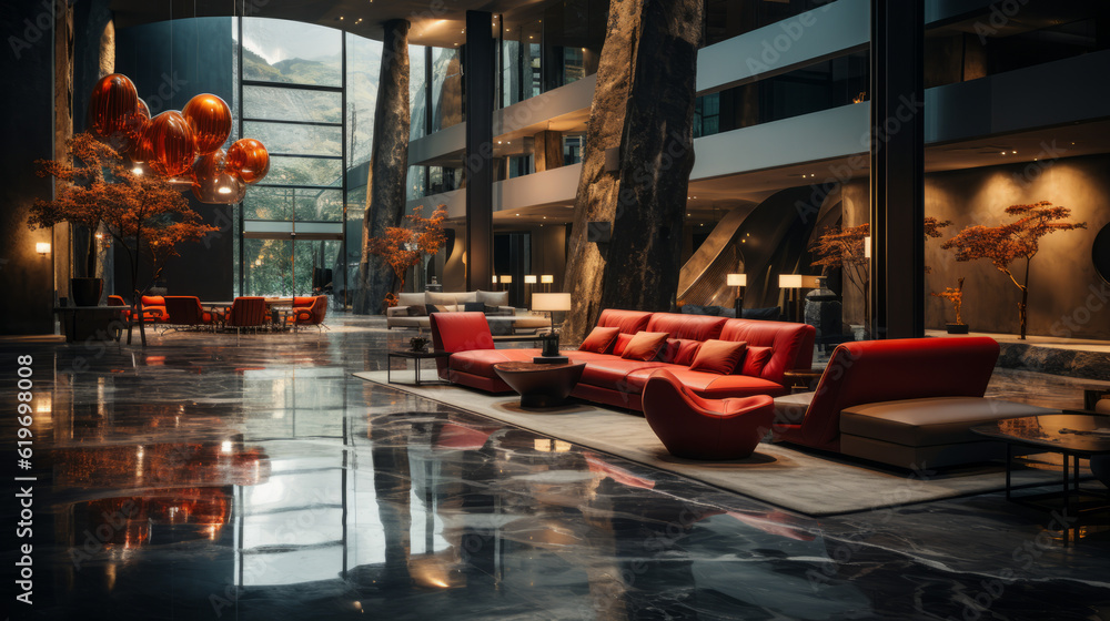 Modern style lobby in hotel, generative ai