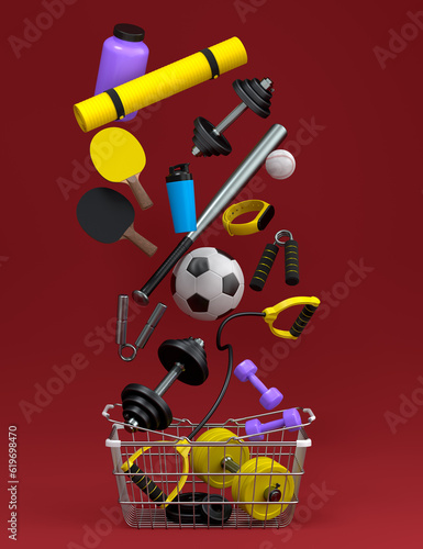 Sport equipment for fitness, gym in shopping basket on red