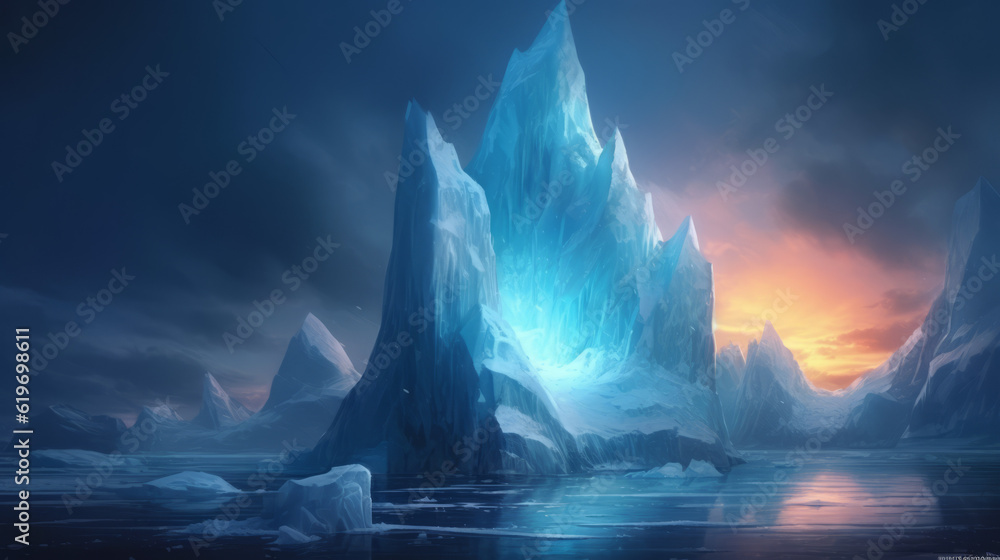 iceberg in the night, luminescent iceberg in amazing nature, generative ai