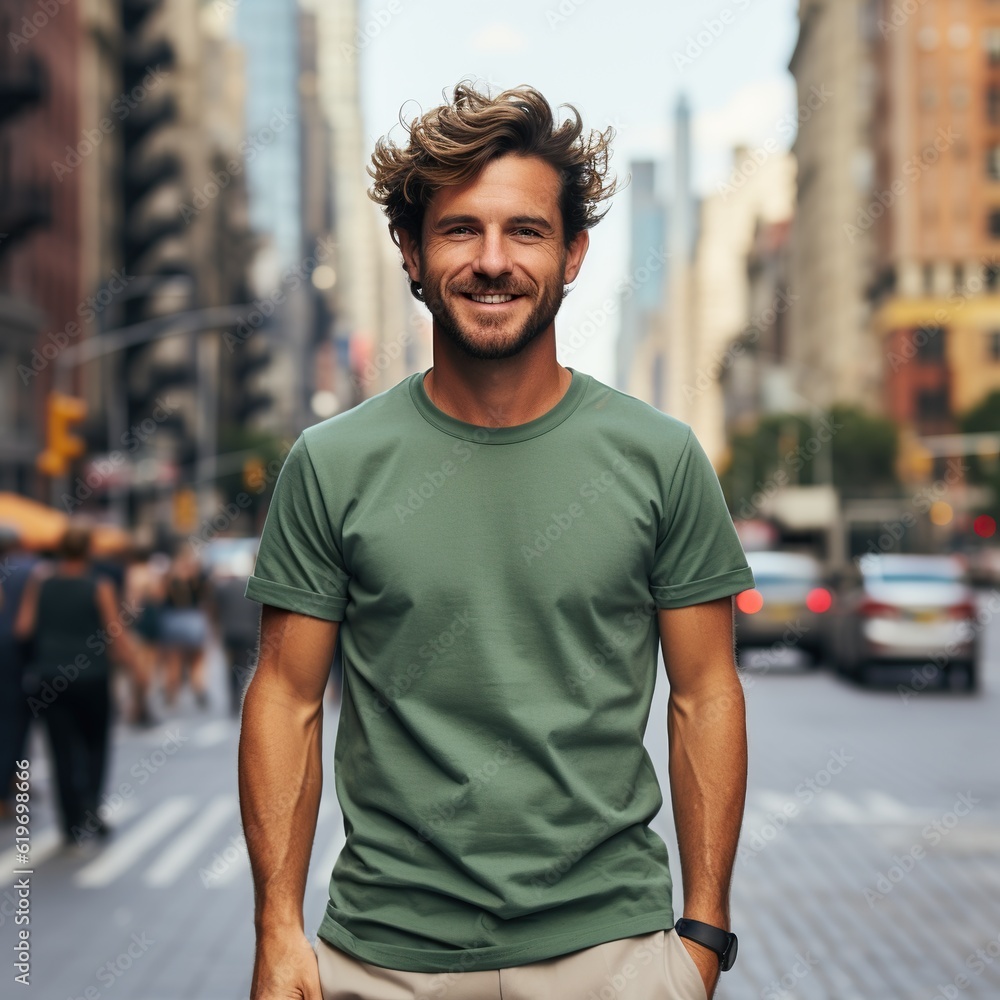 Fototapeta premium Illustration of a fashion portrait with plain t-shirt mockup&nbsp;, AI Generated
