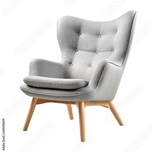 Gray Scandinavian armchair isolated on transparent background. Png furniture elements for interior design. 