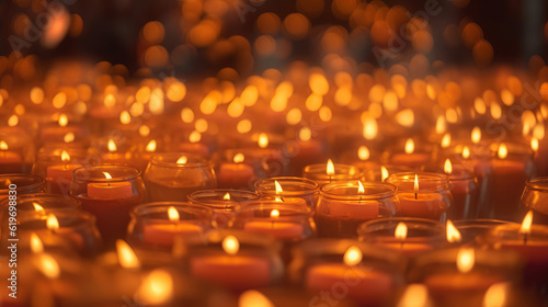 burning candles in church, many burning candles in shallow depth of field, generative ai