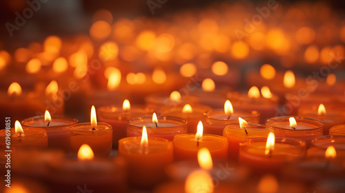 burning candles in church, many burning candles in shallow depth of field, generative ai
