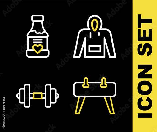 Set line Hoodie, Pommel horse, Dumbbell and Vitamins icon. Vector