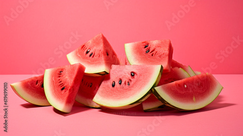 photo ripe watermelon slices on a pink background. Generative AI