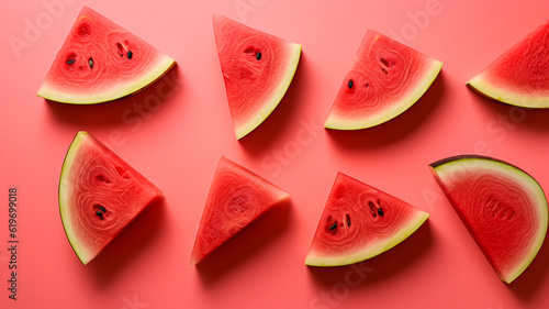 photo ripe watermelon slices on a pink background. Generative AI