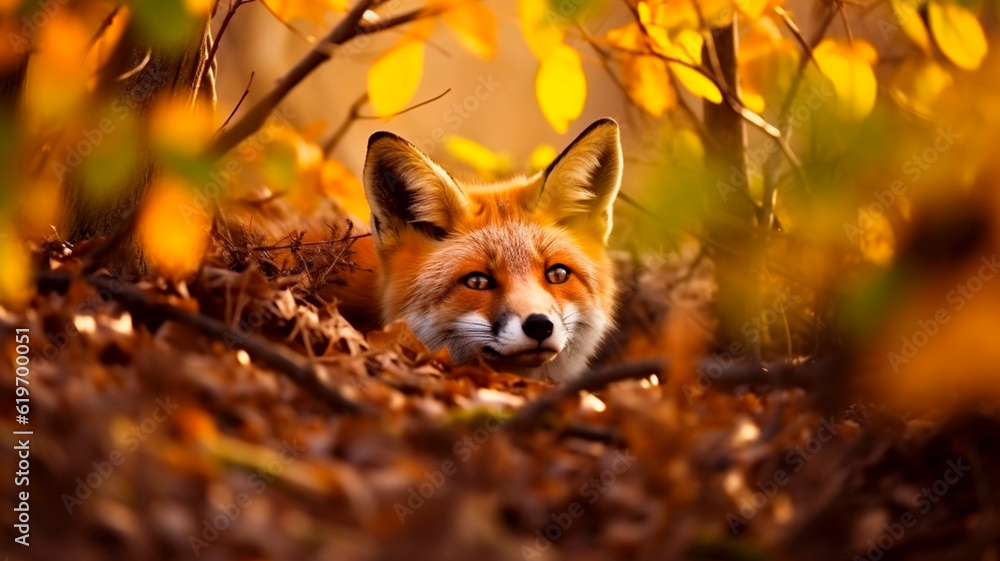 red fox in the forest, hiding in the leaves. Generative AI
