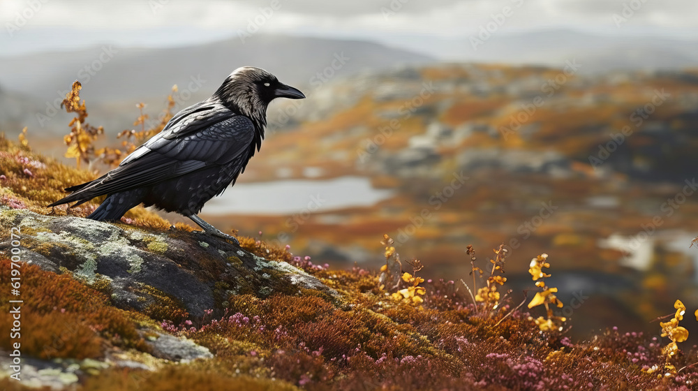 Obraz premium raven on the ground, raven in a norwegian mountains, generative ai