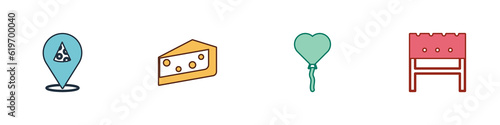 Set Slice of pizza, Piece cake, Balloons in form heart and BBQ brazier icon. Vector