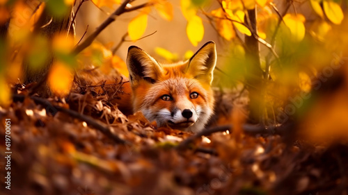 red fox in the forest, hiding in the leaves. Generative AI © Aghavni