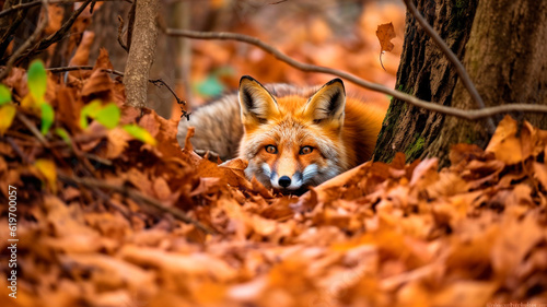 red fox in the forest, hiding in the leaves. Generative AI