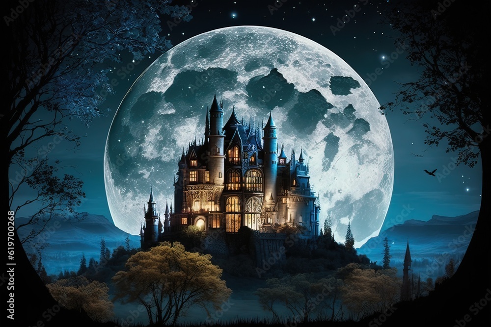 Castle in the forest at night with full moon. 3D rendering