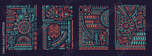 Ethnic tribal posters set. Ancient Aztec tribe wall arts. Mexican cards, vertical decorations with Navajo shapes, lines, traditional symbols, Maya elements. Flat vector illustrations in boho style