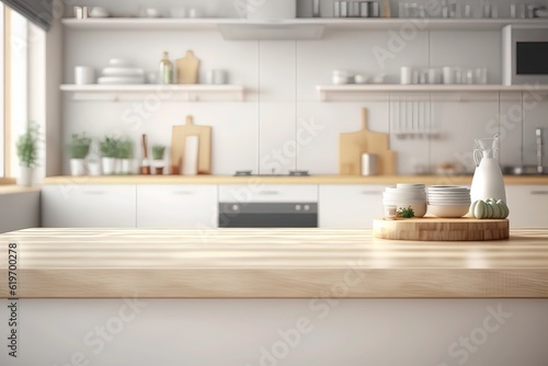 Close up of wooden table in modern kitchen with white walls, concrete floor, white countertops and white cupboards. 3d rendering © kittipon