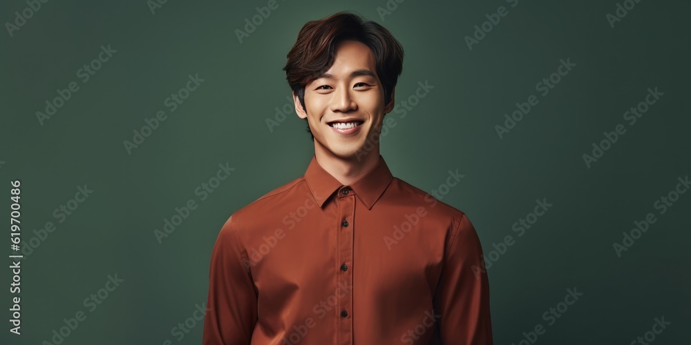 Happy handsome young Asian businessman standing on green background, generative ai
 - obrazy, fototapety, plakaty 