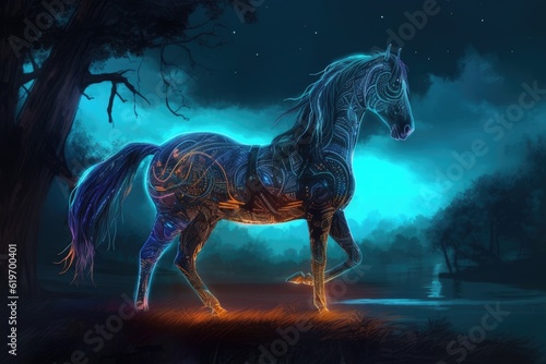 Wild horse in a fantastic and dreamlike setting. Generative AI