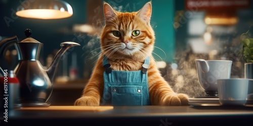 Portrait a cat dressed as a barista serving coffee, generative ai photo