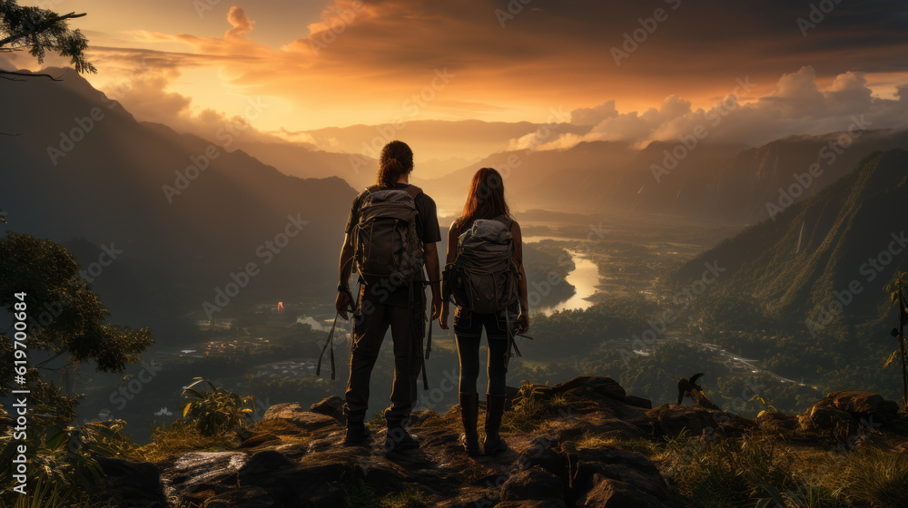 silhouette of a couple in the mountains, generative ai