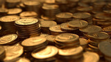 stack of coins on a black background, pile of gold coins in depth of field, generative ai