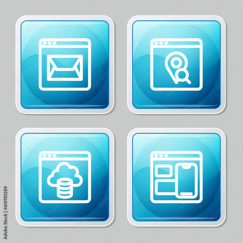 Set line Website and mail, Infographic of city map, Cloud technology data transfer and developer programming code icon. Vector Set line Website and mail, Infographic of city map, Cloud technology data transfer and developer programming code icon. Vector