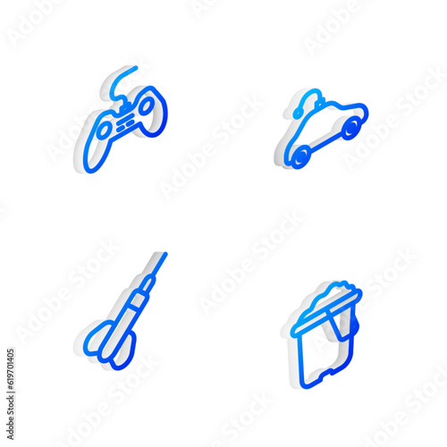 Set Isometric line Radio controlled car toy, Gamepad, Dart arrow and Sand in bucket icon. Vector