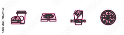 Set line Coffee and burger, Burrito, Pizza in cardboard box and icon. Vector