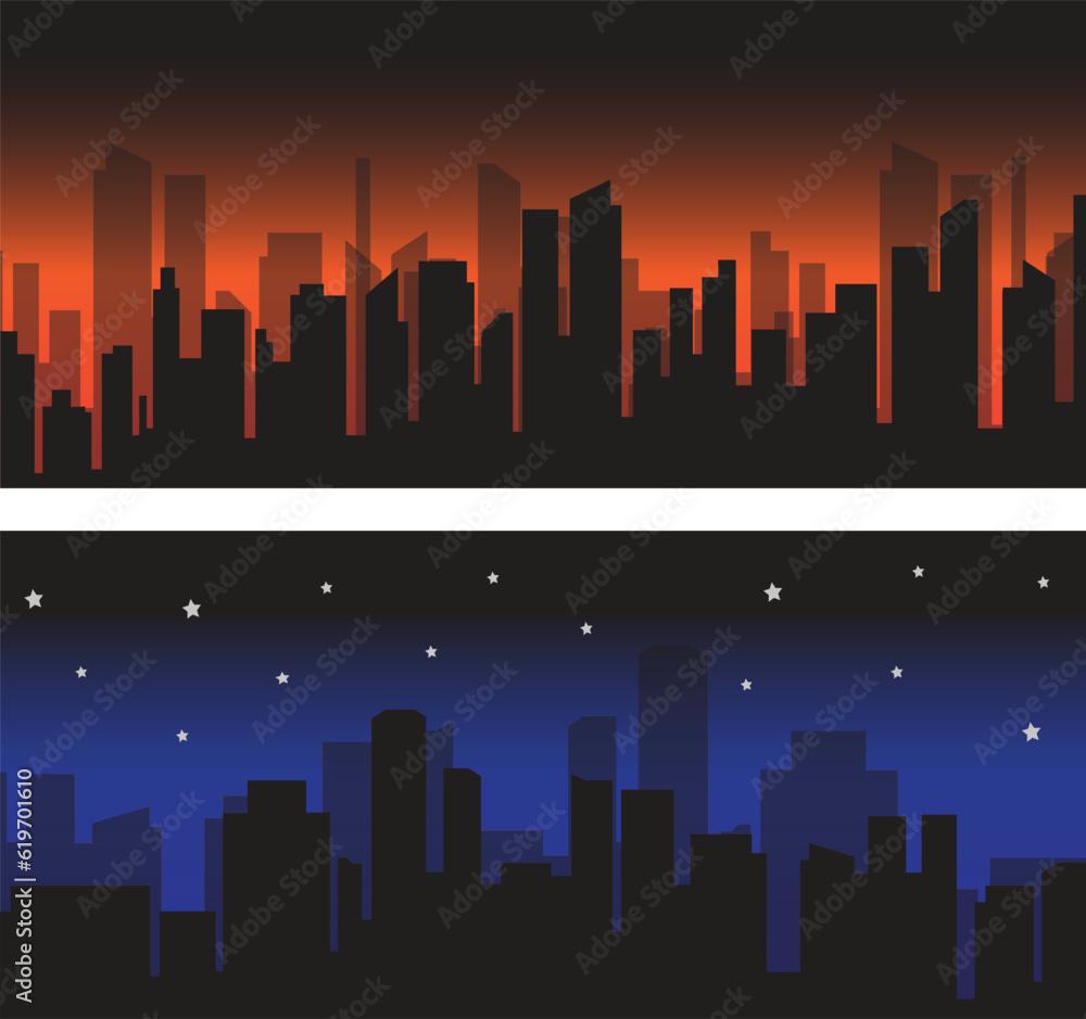 Illustration Vector Of silhouette city in the afternoon and evening