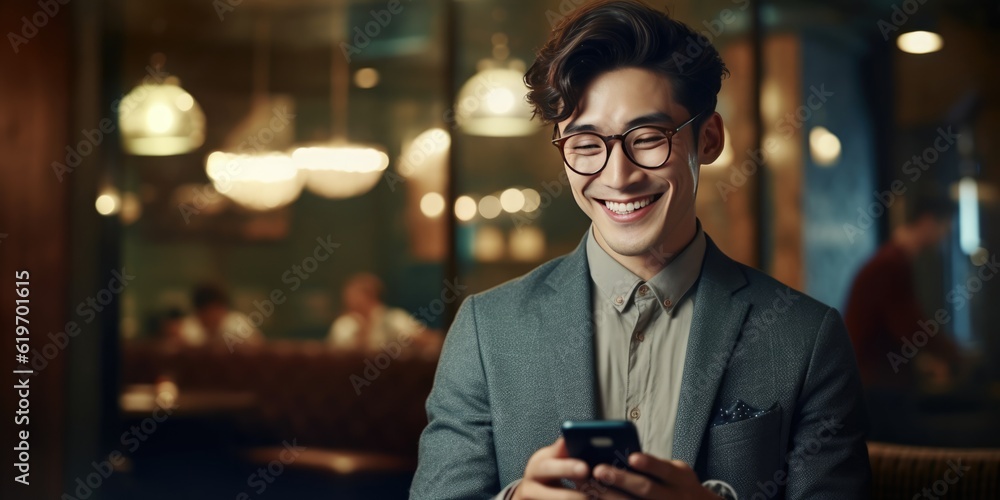 Asian Businessman Using Smartphone Walking Through Night City Street Full of Neon Light. Smiling Stylish Man Using Mobile Phone, Social Media, Online Shopping, Texting on Dating App, generative ai