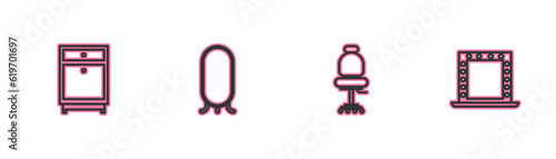 Set line Furniture nightstand, Office chair, Big full length mirror and Makeup with lights icon. Vector