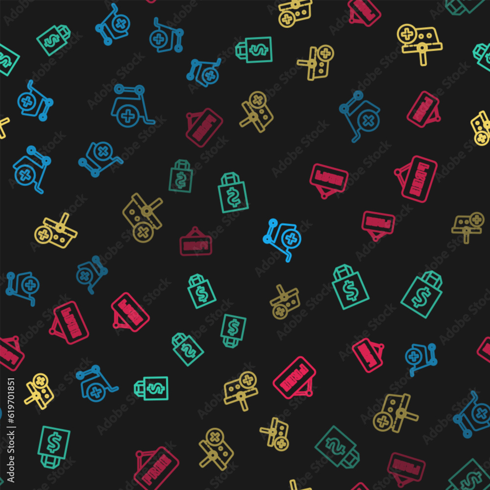 Set line Add to Shopping cart, Shoping bag and dollar, basket and Price tag with text Free on seamless pattern. Vector Set line Add to Shopping cart, Shoping bag and dollar, basket and Price tag with text Free on seamless pattern. Vector