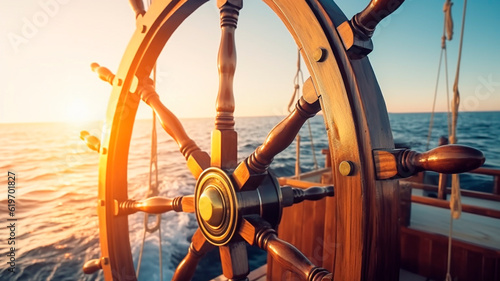 ship wheel on boat with sea and sky. freedom and adventure. direction concept. Generative AI