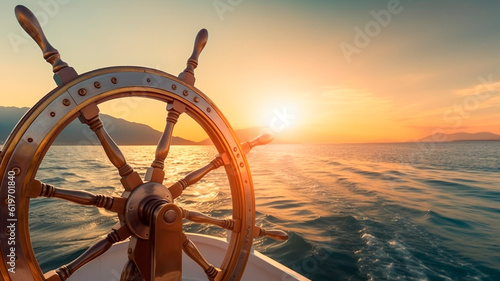 ship wheel on boat with sea and sky. freedom and adventure. direction concept. Generative AI photo