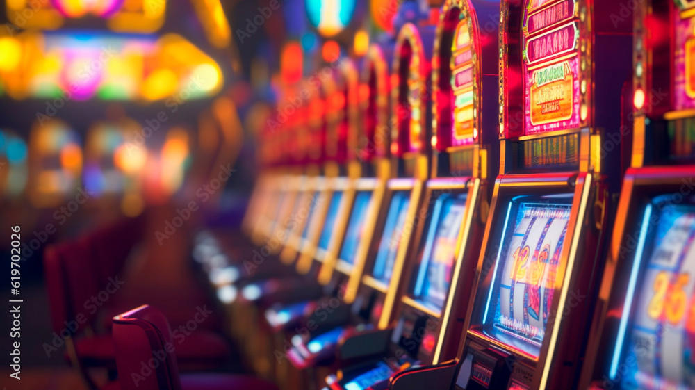 Slot machines in a casino in a close-up shot, macro shot. Generative AI