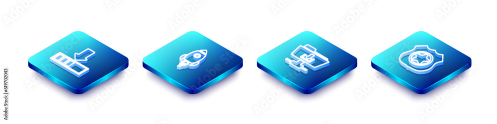 Set Isometric line Loading, Rocket ship with fire, FTP folder download and Police badge icon. Vector Set Isometric line Loading, Rocket ship with fire, FTP folder download and Police badge icon. Vector