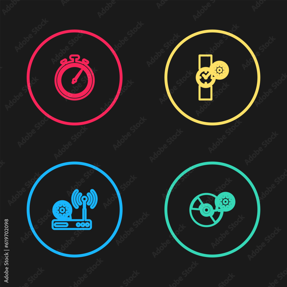 Set line Router and wi-fi setting, CD or DVD disk, Wrist watch and Stopwatch icon. Vector Set line Router and wi-fi setting, CD or DVD disk, Wrist watch and Stopwatch icon. Vector