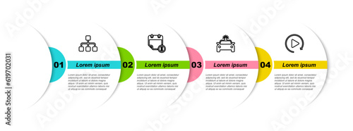 Set line Hierarchy organogram chart, Calendar and clock, Police car flasher and Video play button. Business infographic template. Vector