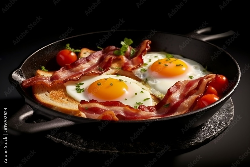 fried eggs with bacon and vegetables. fried eggs with bacon and vegetables.