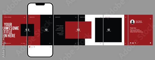 Microblog or carousel post template design for social media. Six page in portrait frame, modern simple minimalist style with red ruby and black color theme.