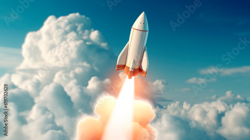 Space rocket flying toward the clouds believable rocket icon Having a successful company concept. Generative AI