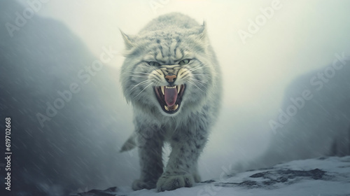 lion in the snow, snow mountain cat growling face, generative ai
