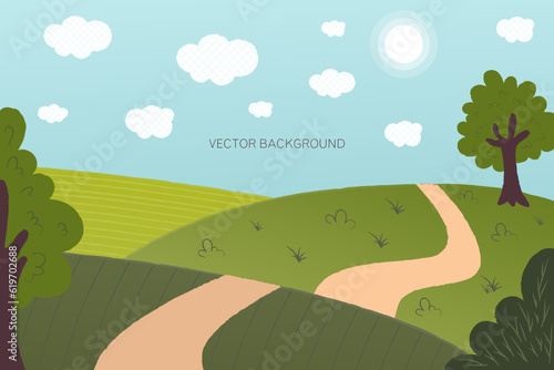Vector background with texture. Summer landscape. Natural panorama  horizon. Field  tree  sun  clouds. Sunny weather  green grass. Banner design.
