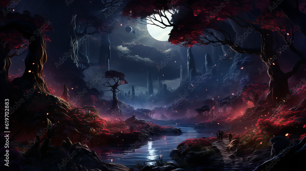 Fototapeta premium landscape with water and moon, star forest with magic mountains, generative ai