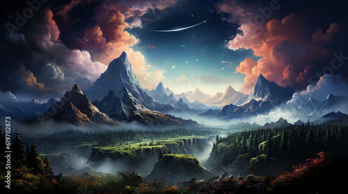 landscape with water and moon  star forest with magic mountains  generative ai